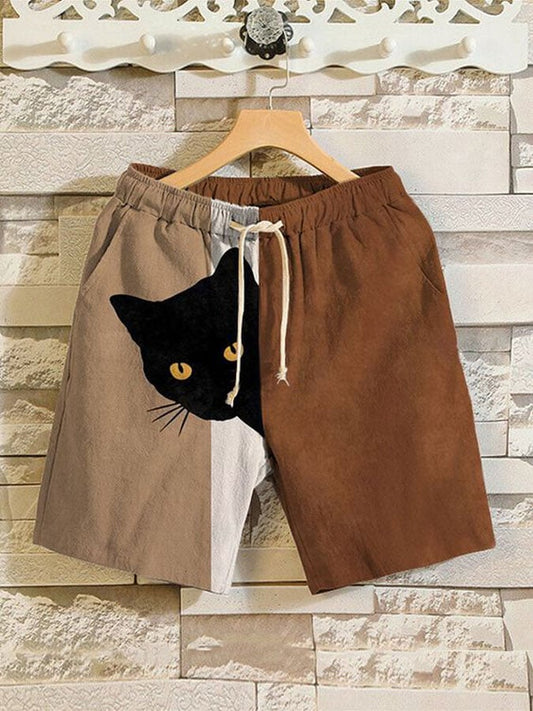 Men's Funny Cat Print Linen Blend Casual Shorts