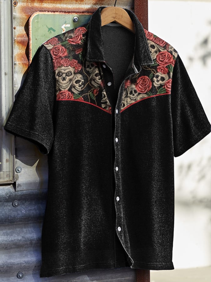 Men's Vintage Western Skull Print Waffle Shirt
