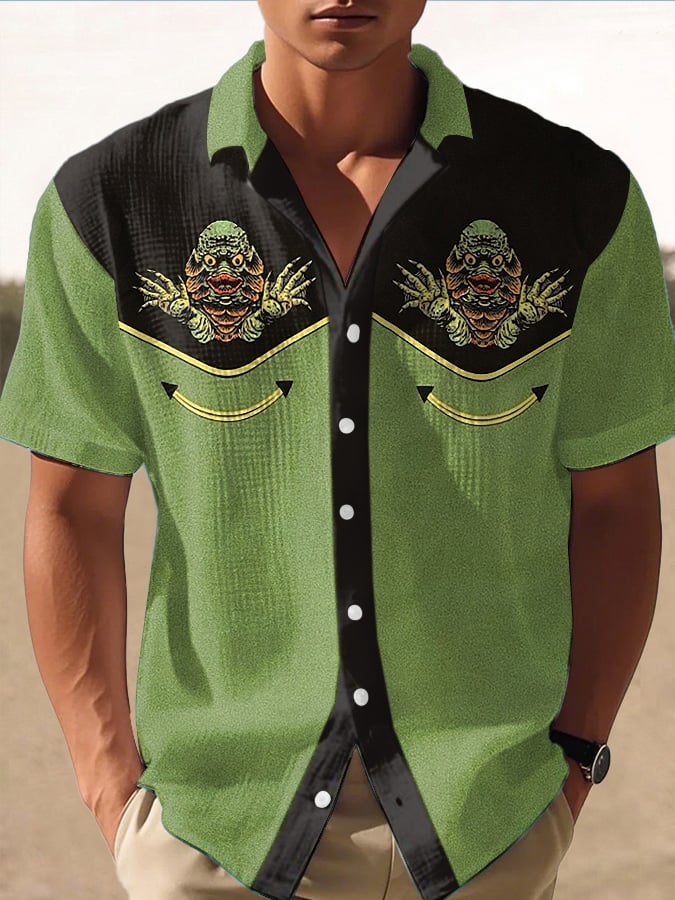 Men's Retro Western Contrast Design Printed Casual Waffle Shirt
