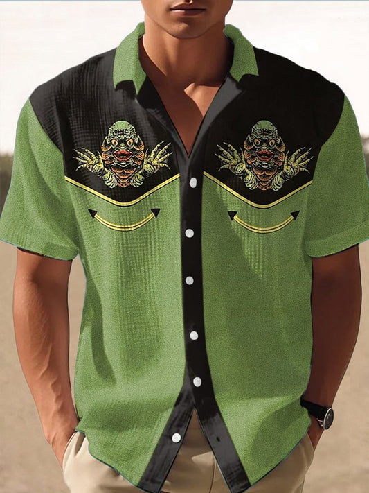 Men's Retro Western Contrast Design Printed Casual Waffle Shirt