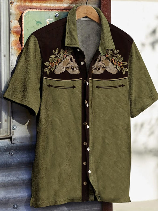 Men's Western Vintage Ethnic Print Waffle Short Sleeve Shirt
