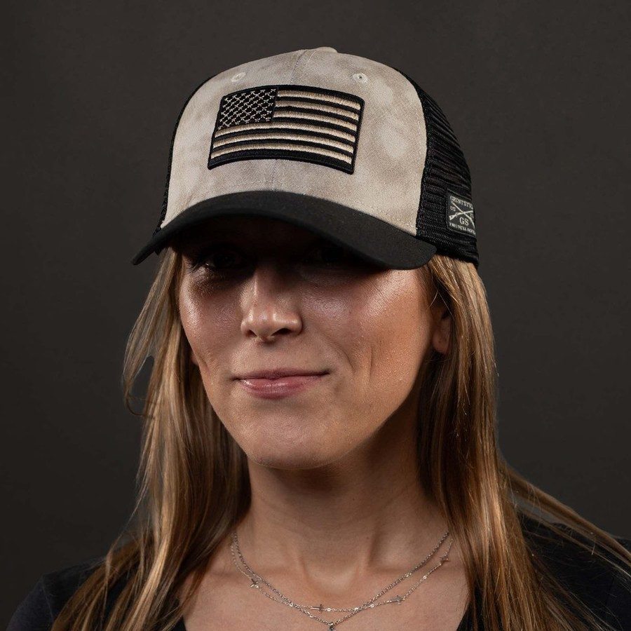 Embroidered American Flag Mesh Hat - Sand Wash
