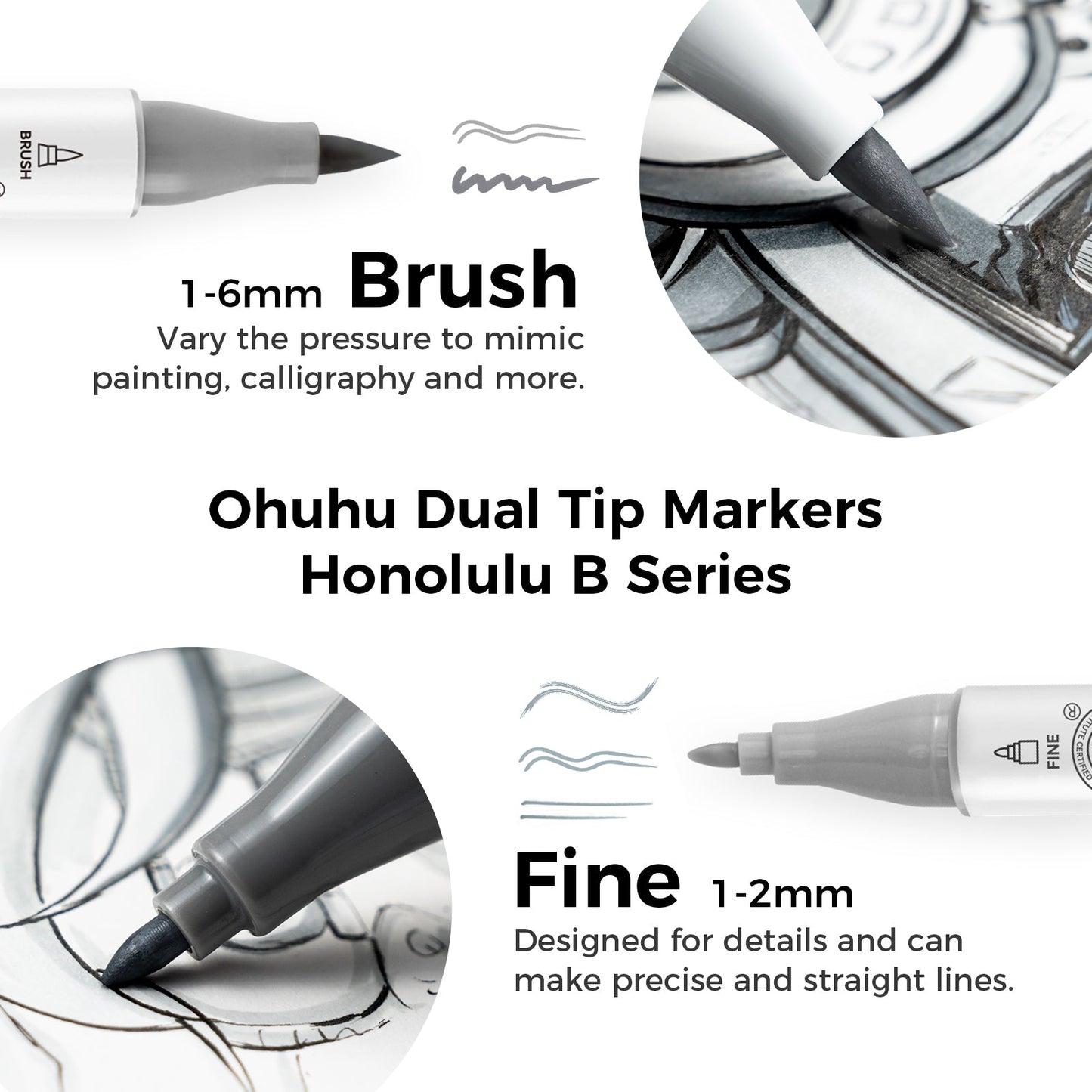 Ohuhu Honolulu 36 Gray Tone Colors Dual Tips Alcohol Art Markers