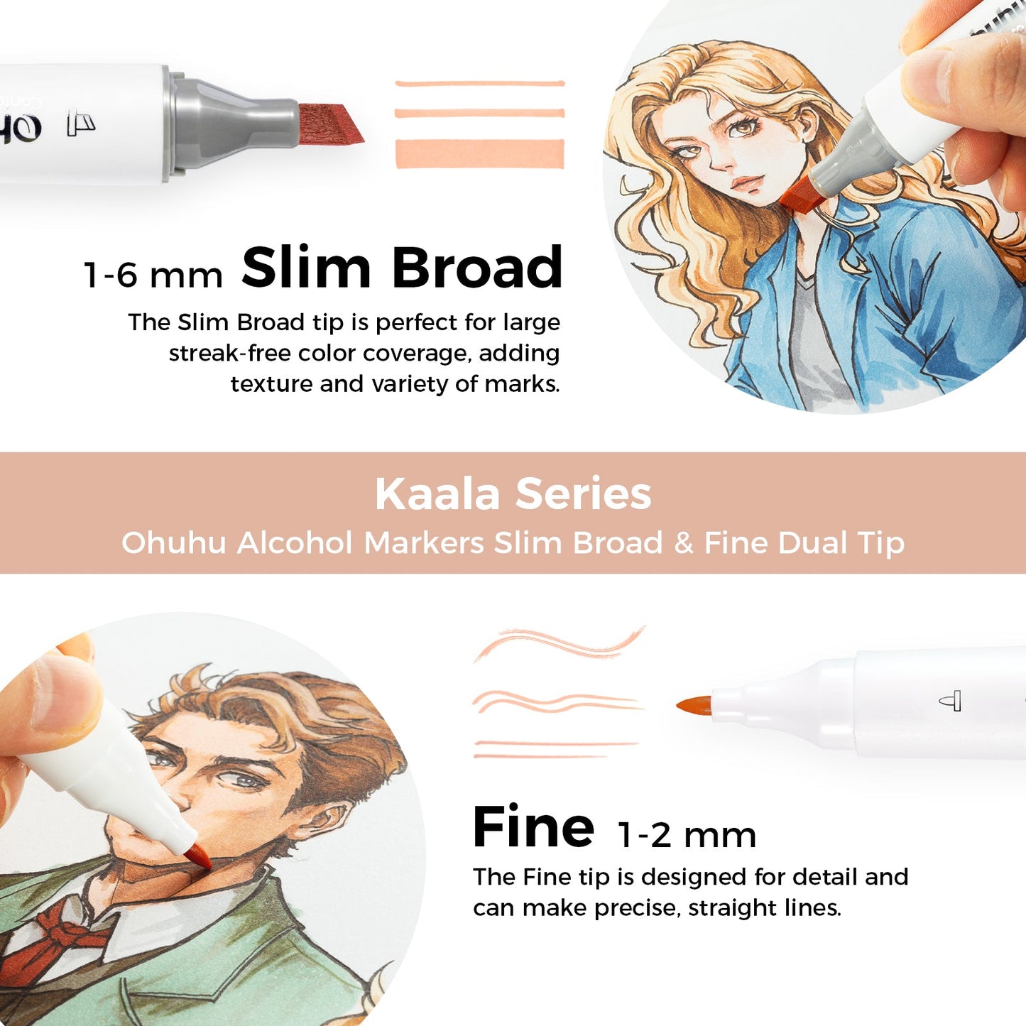 Ohuhu Kaala  Slim Broad and Fine Dual Tips Alcohol Art Markers-24 Color Skin Tone