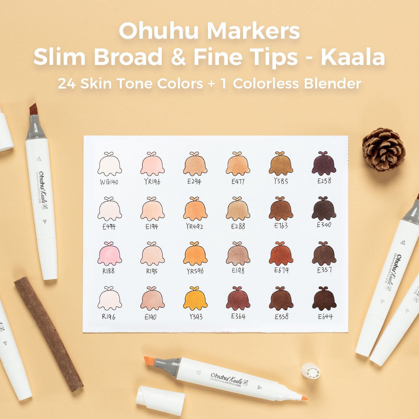 Ohuhu Kaala  Slim Broad and Fine Dual Tips Alcohol Art Markers-24 Color Skin Tone