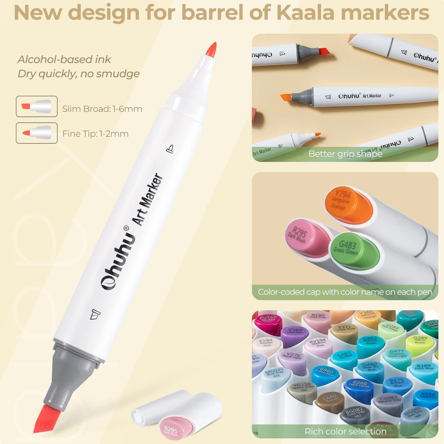 Ohuhu Kaala Slim Broad and Fine Dual Tips Alcohol Art Markers- 60 Colors Landscape Tone