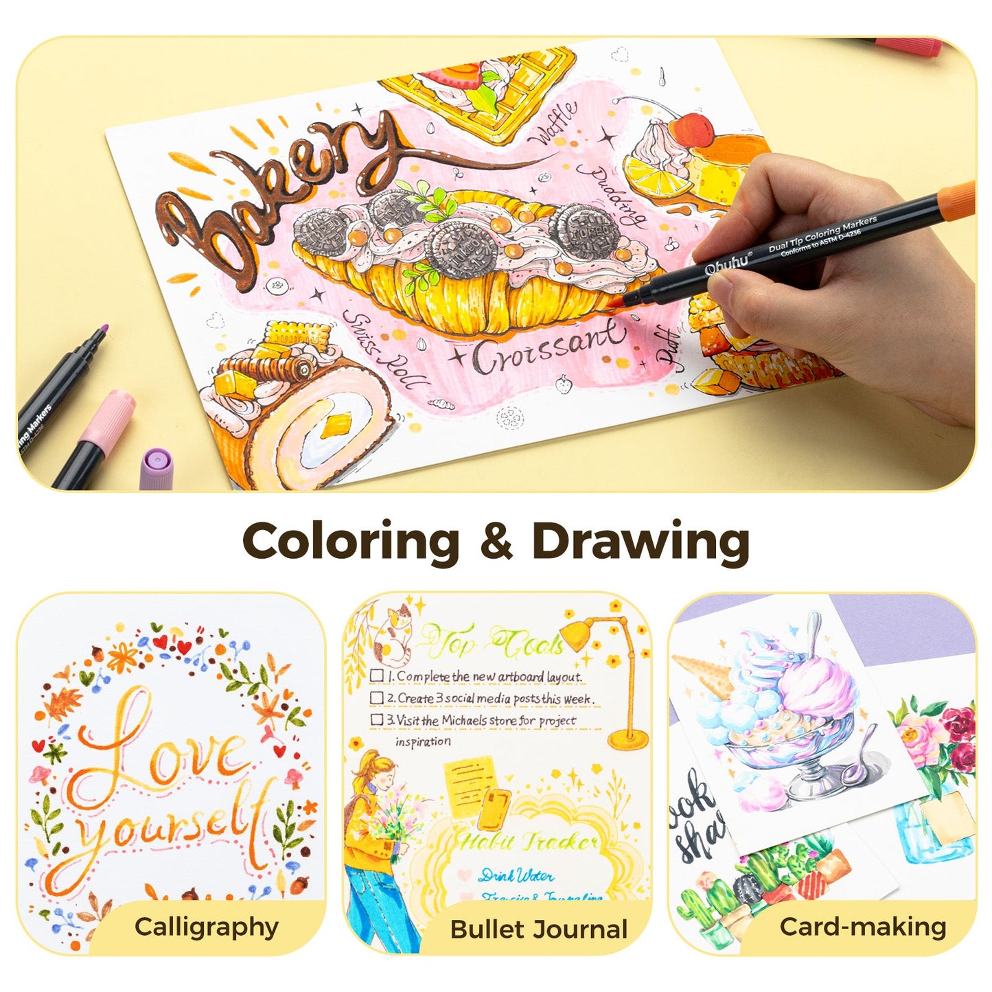 Ohuhu Water Based Brush & Fine Tips Art Markers with Bleed-Proof Coloring Book