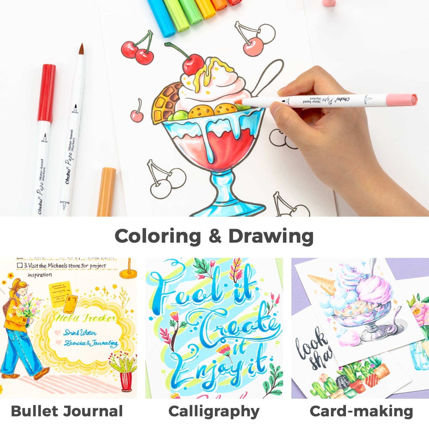 Ohuhu Pupe Paper-friendly (No Peeling) Brush and Fineliner Dual Tips 60 Colors Water-based Coloring Markers