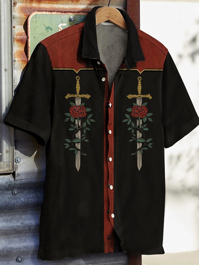 Men's Western Vintage Ethnic Print Waffle Short Sleeve Shirt