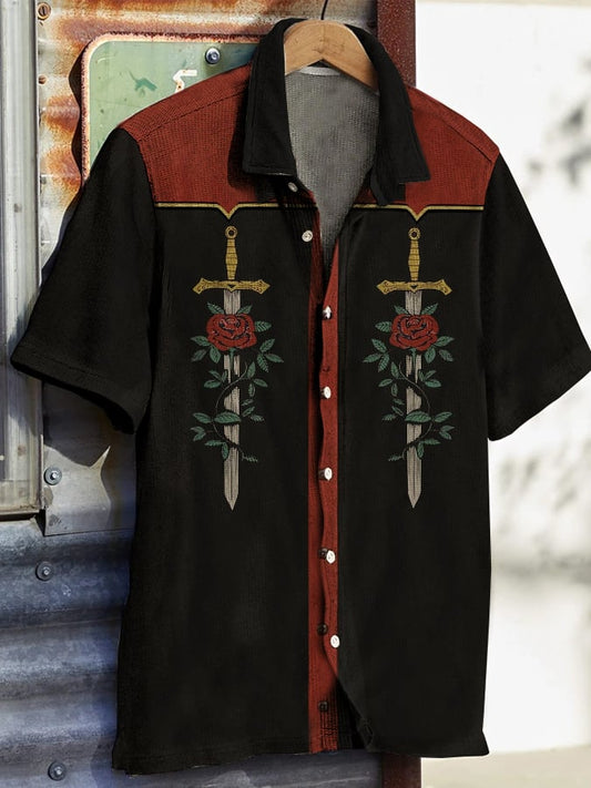 Men's Western Vintage Ethnic Print Waffle Short Sleeve Shirt