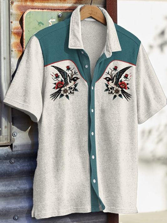 Men's West Cowboy Flower And Bird Print Short Sleeve Shirt