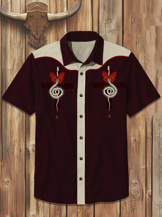 Men's cotton and linen western short-sleeved shirt