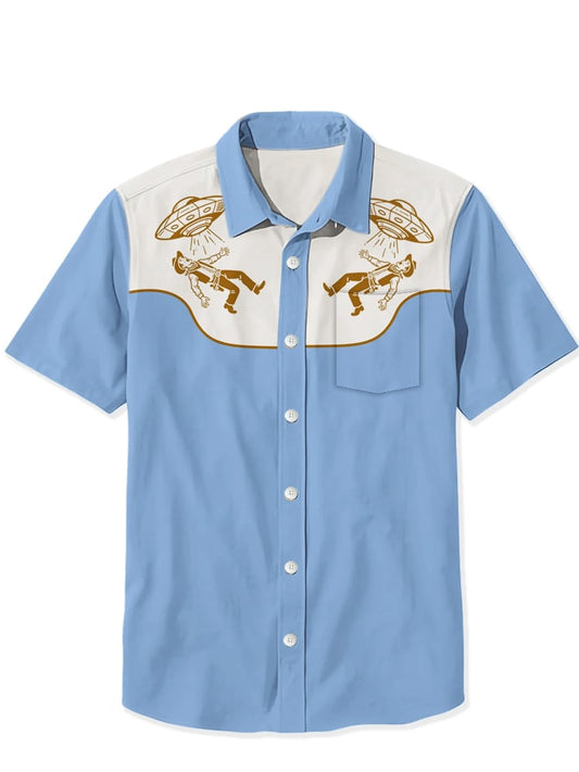 Men's cotton and linen UFO Western Cowboy print short-sleeved shirt