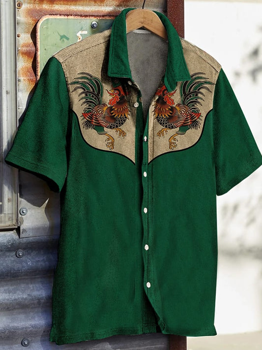 Men's Western Vintage Print Waffle Short Sleeve Shirt