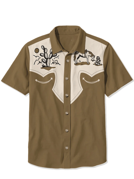 Men's Western Retro Horse Racing Print Short Sleeve Shirt