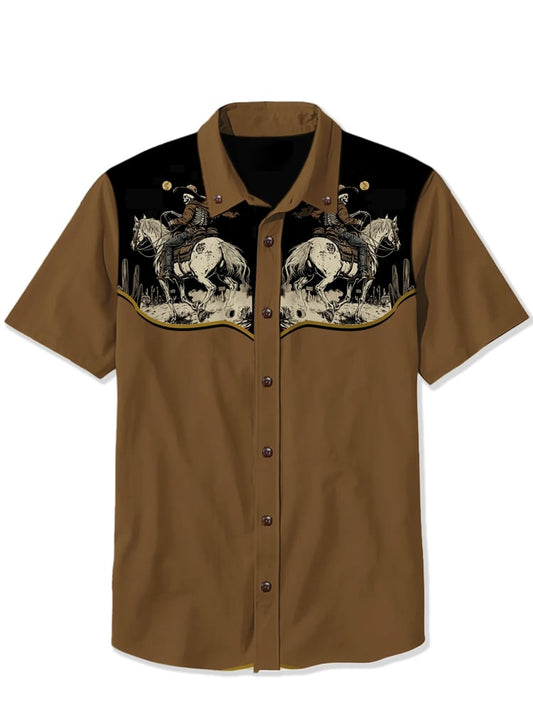 Men's Cotton and Linen Skull Western Short Sleeve Shirt