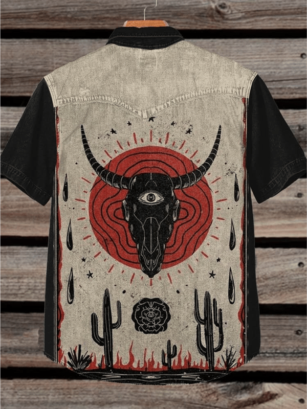 Men's Vintage Western Cowboy Double Pocket Short Sleeve Shirt