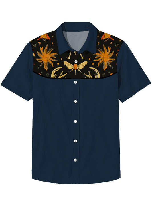 Men's Lapel Insect Fish Bird Animal Denim Western Style Short Sleeve Shirt