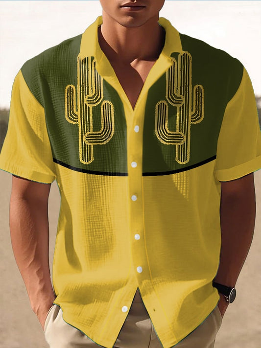 Men's Retro Western Contrast Design Printed Casual Waffle Shirt