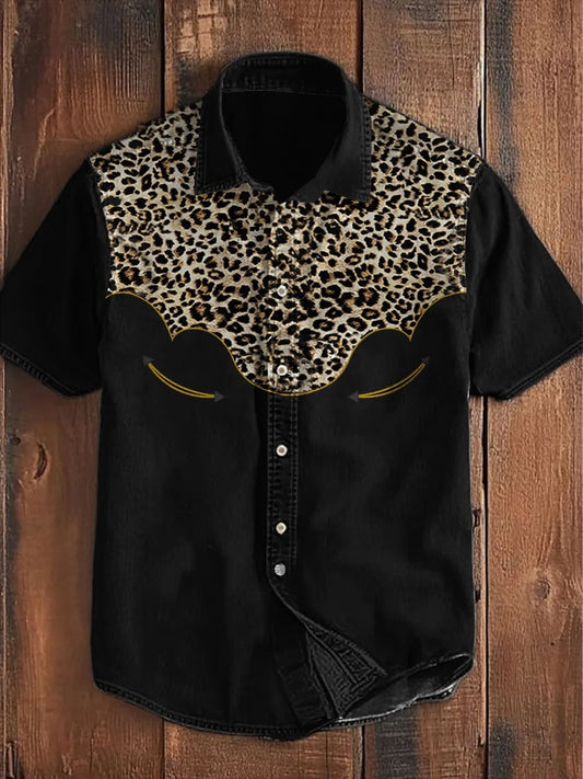 Men's Retro Western Contrast Print Short Sleeve Casual Shirt