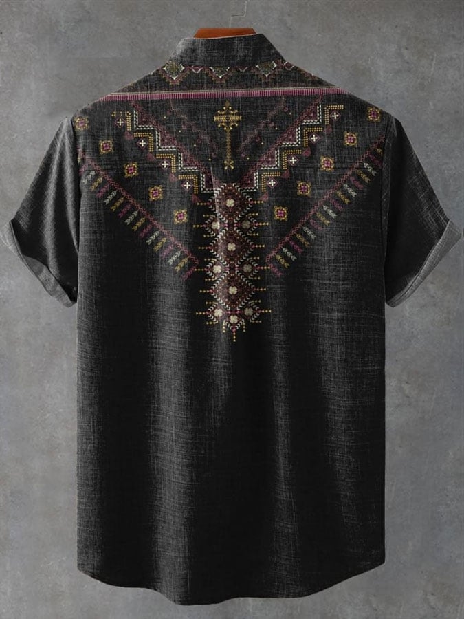 Men's Retro Totem Print Short Sleeve Casual Shirt