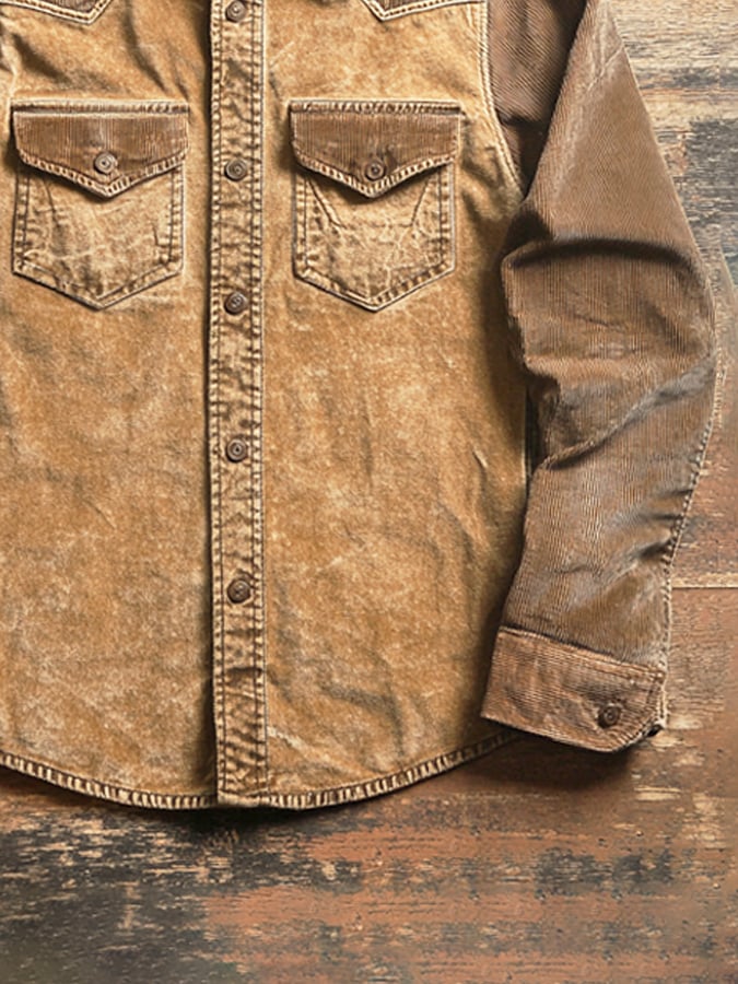 Men's Vintage Distressed Twill Double Pocket Short Sleeve Shirt