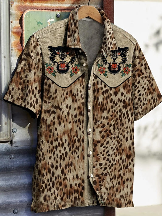 Men's Western Vintage Print Waffle Short Sleeve Shirt