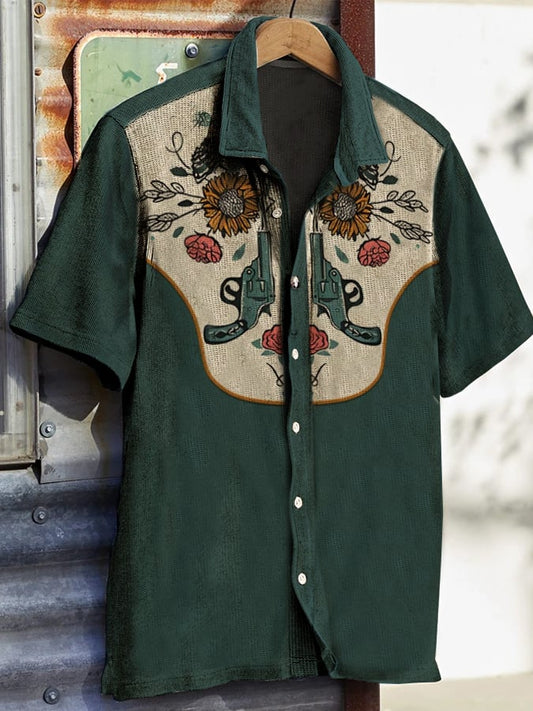 Men's Western Vintage Print Waffle Short Sleeve Shirt