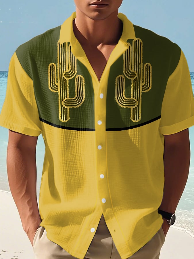 Men's Retro Western Contrast Design Printed Casual Waffle Shirt