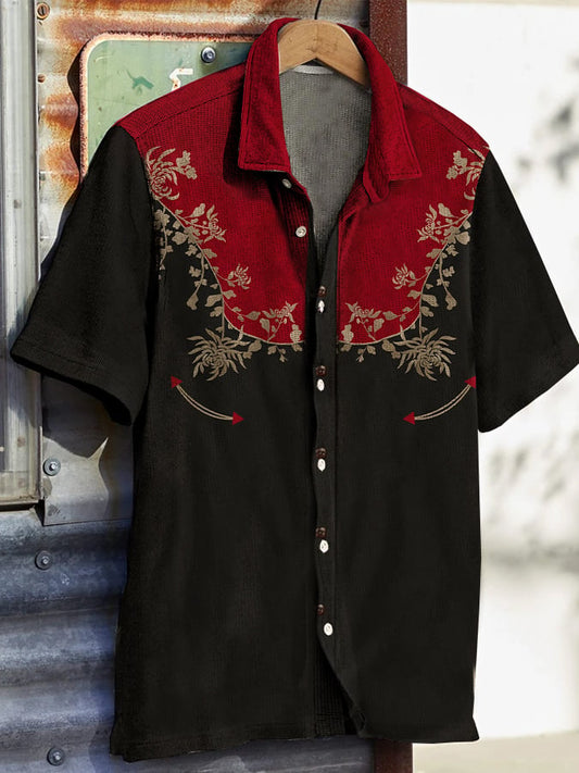 Men's Western Vintage Ethnic Print Waffle Short Sleeve Shirt