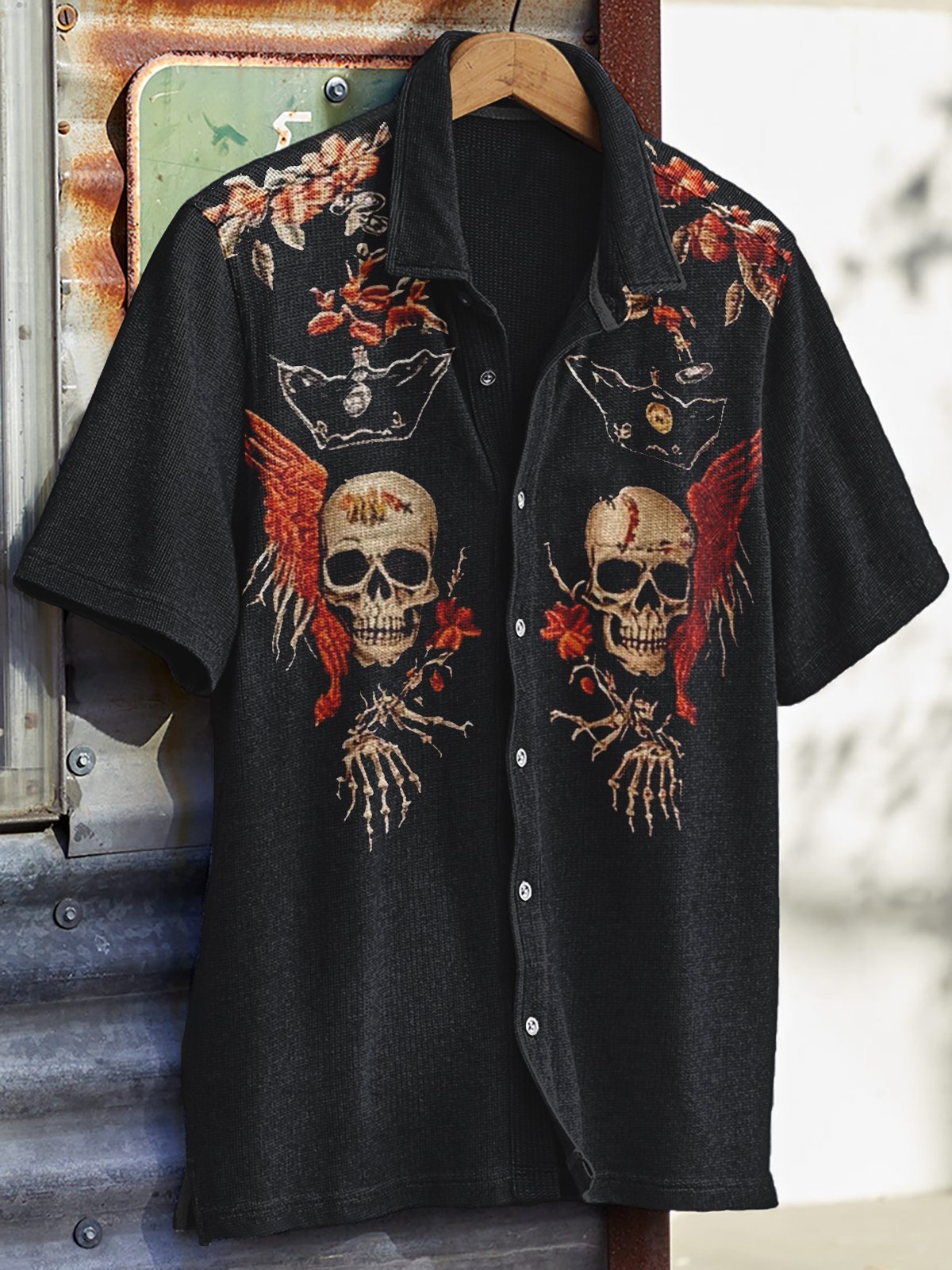 Men's Western Vintage Print Waffle Short Sleeve Shirt
