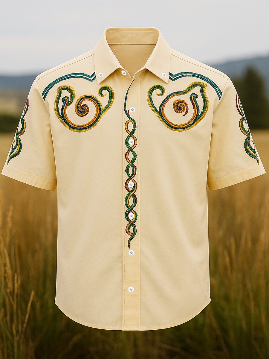 Men's 100% Cotton Western Short Sleeve Button-Down Lapel Shirt