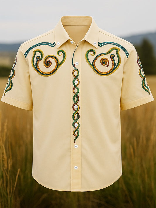Men's 100% Cotton Western Short Sleeve Button-Down Lapel Shirt