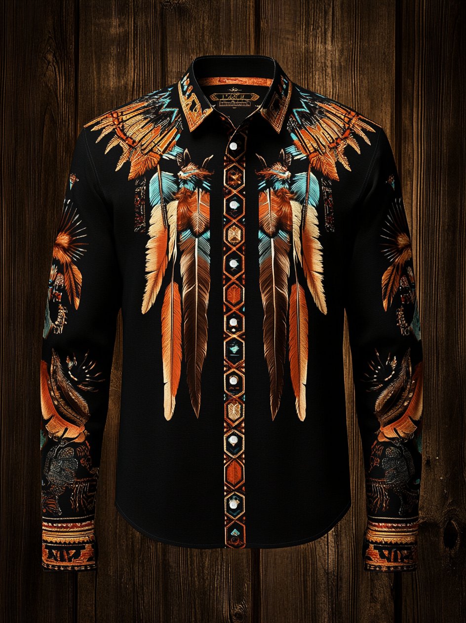Men's Western Vintage Indian Totem Print Long Sleeve Shirt