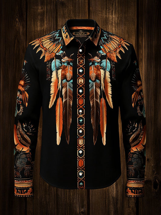 Men's Western Vintage Indian Totem Print Long Sleeve Shirt