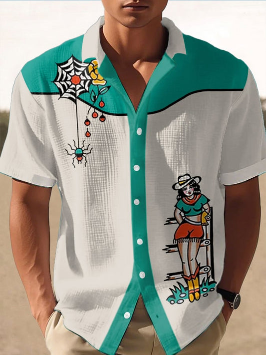 Men's Retro Western Contrast Design Printed Casual Waffle Shirt