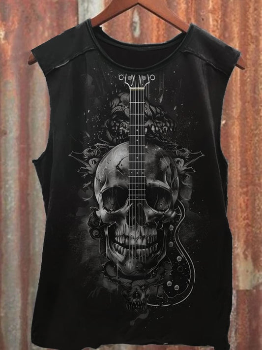 Men's Vintage Skull Guitar Print Casual Vest