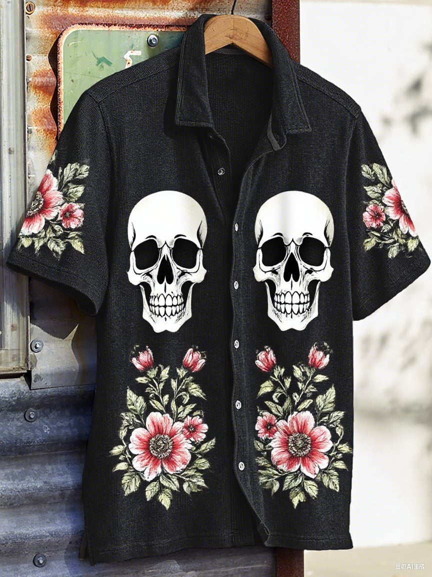 Men's Western Vintage Print Waffle Short Sleeve Shirt