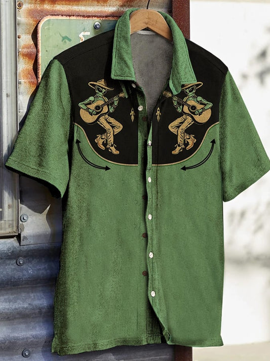 Men's Western Vintage Print Waffle Short Sleeve Shirt