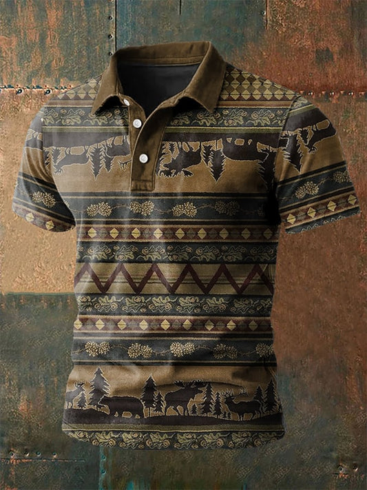 Men's Western-Style Printed Casual Polo Shirt