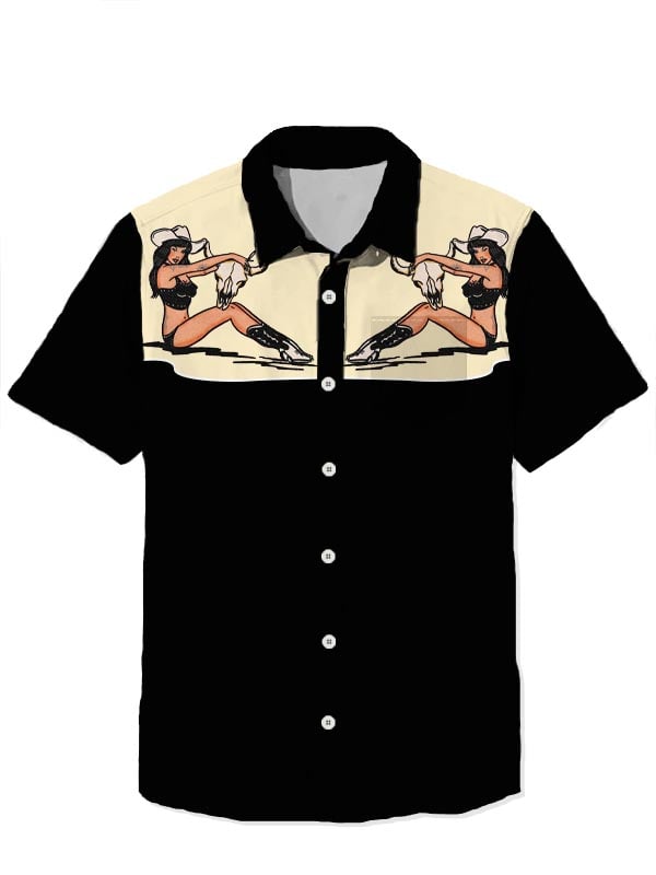 Men's Retro Western Beauty Bull Head Short Sleeve Shirt
