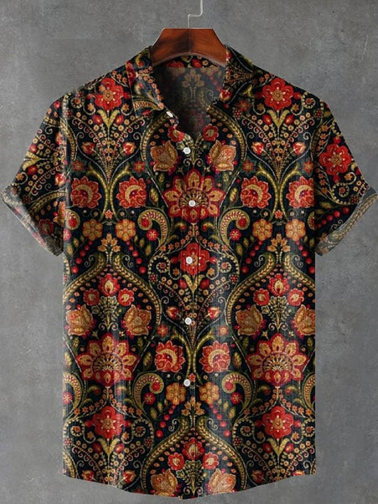 Men's Retro Floral Art Print Casual Short Sleeve Shirt