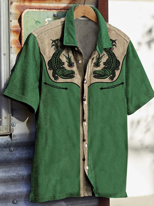 Men's Western Vintage Print Waffle Short Sleeve Shirt