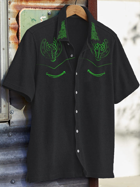 Men's Western Vintage Print Waffle Short Sleeve Shirt
