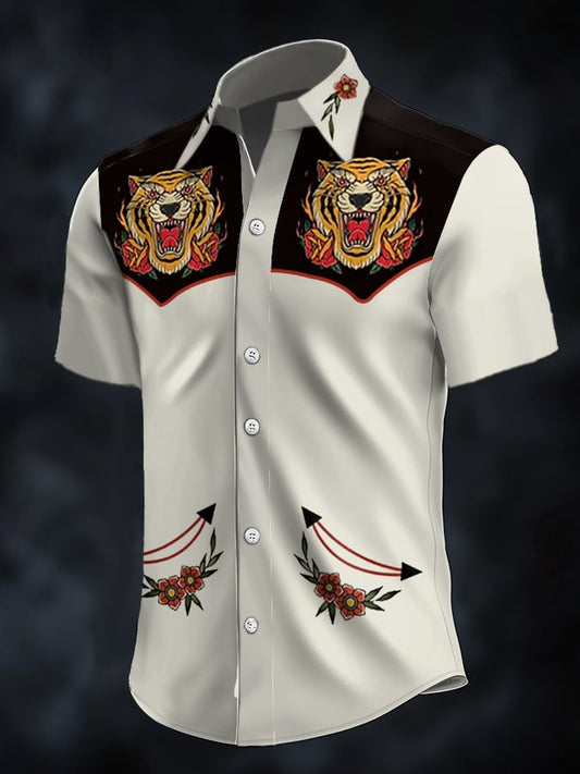 Men's Retro Western Contrast Print Short Sleeve Casual Shirt