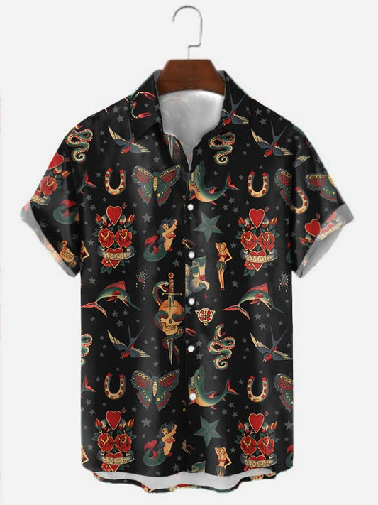 Men's Vintage Old School Print Collar Short Sleeve Shirt