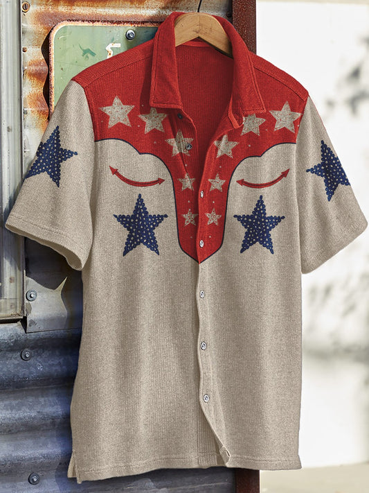 Men's Western Vintage Print Waffle Short Sleeve Shirt