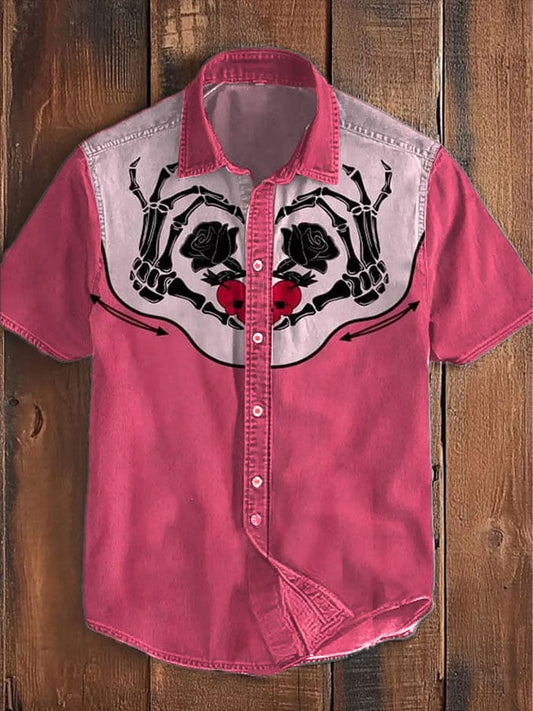 Men's Retro Western Skull Graphic Casual Short Sleeve Shirt