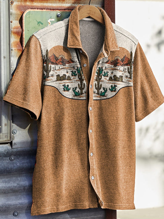 Men's Vintage Western Cactus Print Waffle Shirt