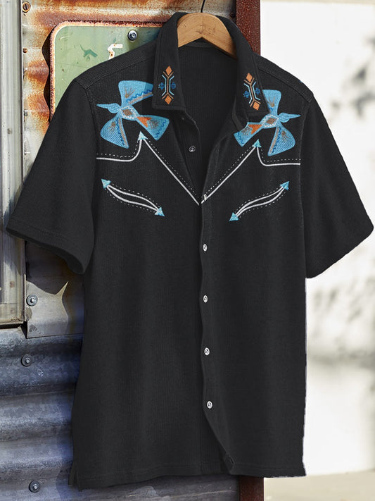 Men's Western Vintage Print Waffle Short Sleeve Shirt
